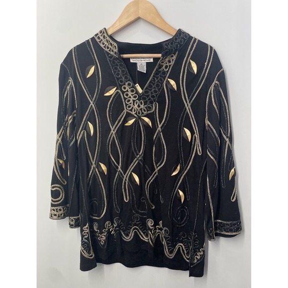 Lauren Michelle Tops - Vintage Lauren Michelle Embroidered Tunic Blouse Size XL Black Long Sleeve NEW